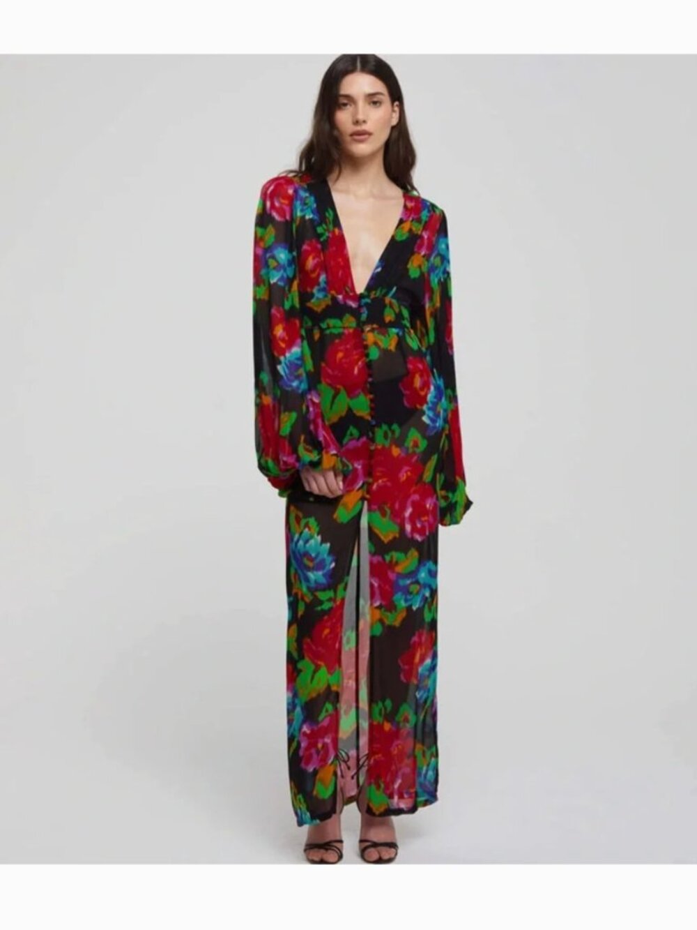 Rat & Boa Ferreira Floral Print Blouson Long Sleeves High Slit Maxi Dress